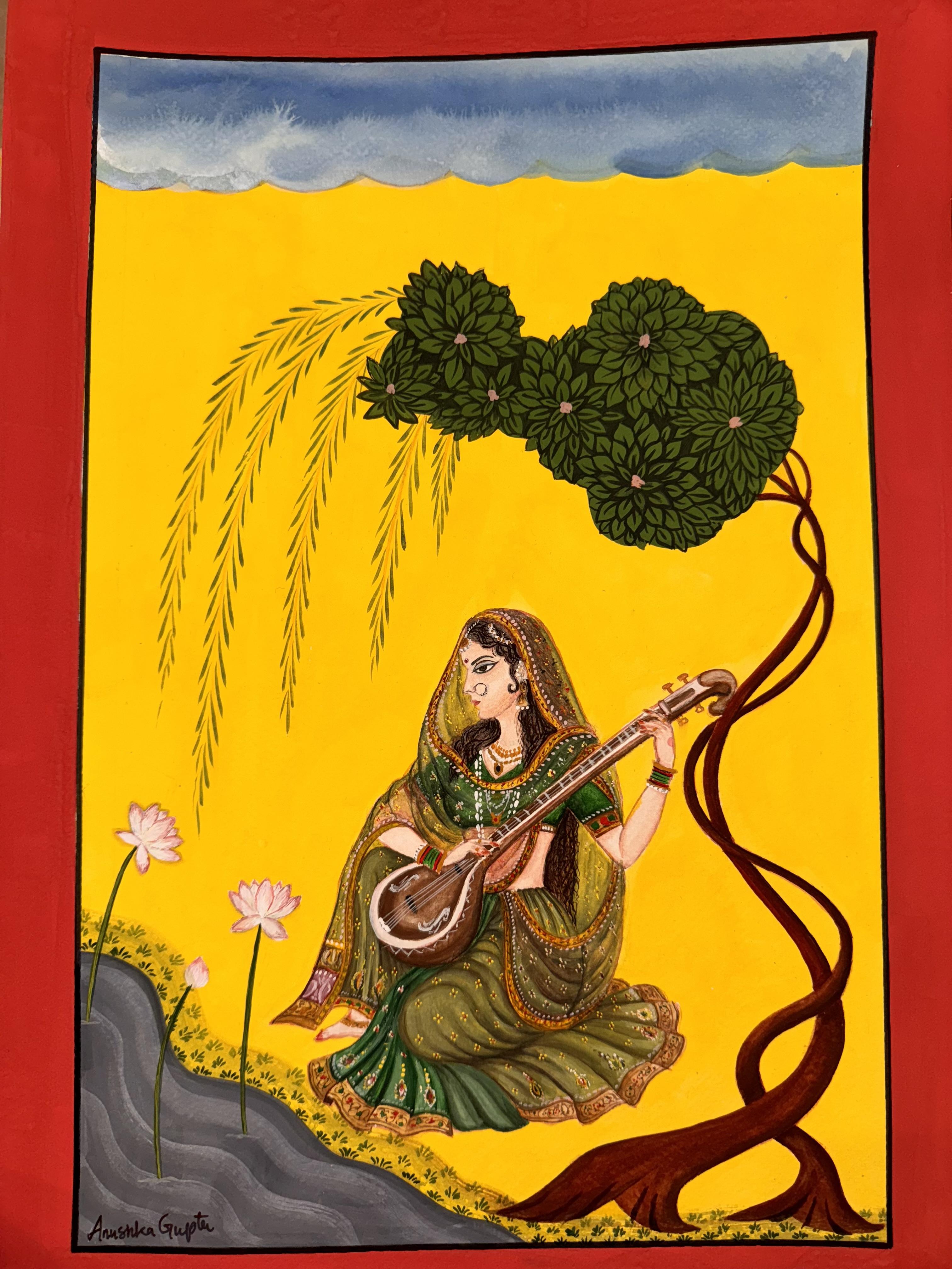 Radha playing sitar- Basohli painting